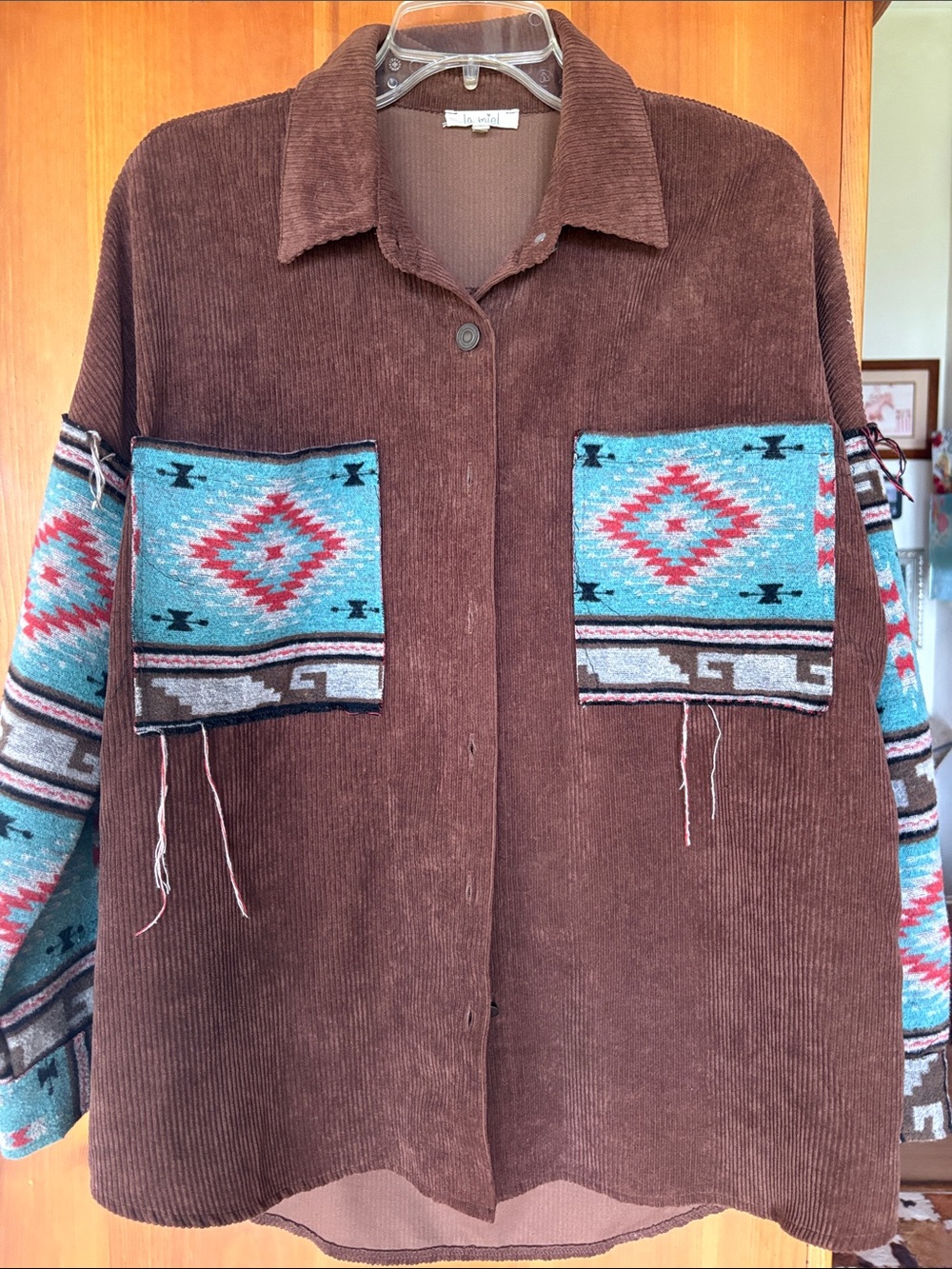 LA MIEL Brown Corduroy Utility Jacket with Turquoise Aztec Panels